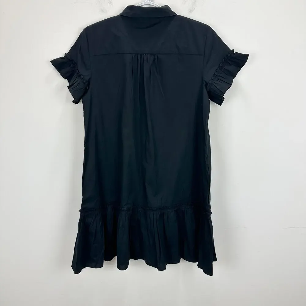 J.Crew Ruffle Sleeve Mini Shirt Dress Cotton Pockets Classic Black US 2 NWT